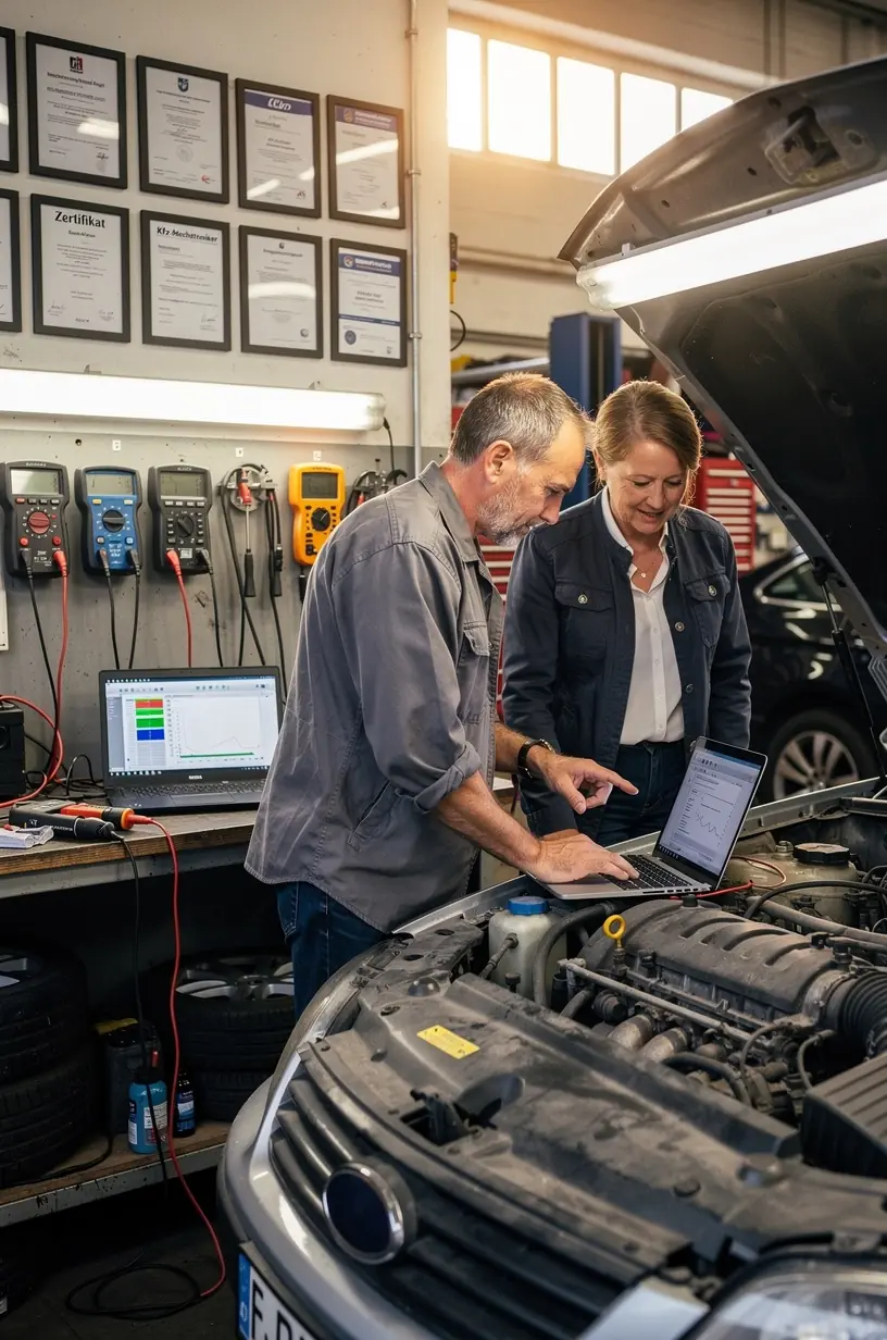 Techniker analysiert Motorraum eines Fahrzeugs, um potenzielle Mängel und notwendige Wartungen transparent zu dokumentieren.